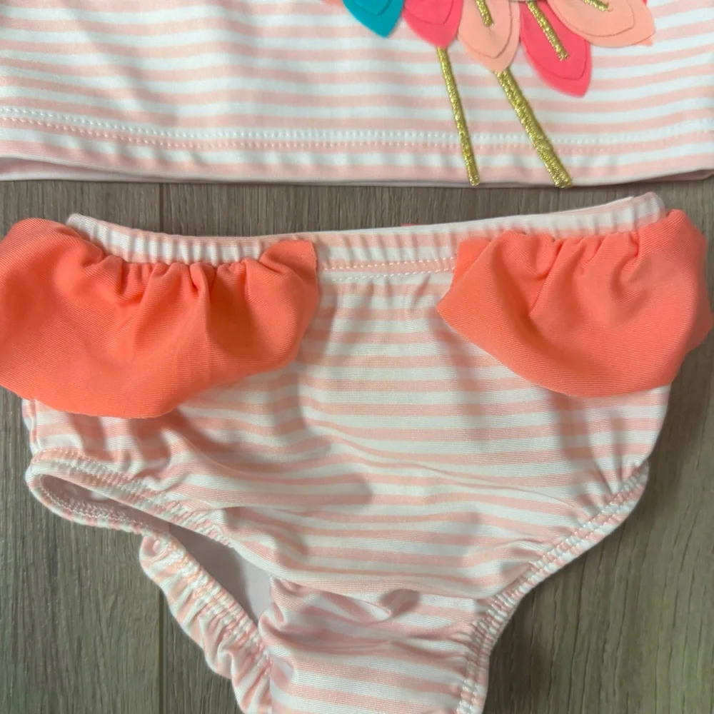 Mud Pie Adorable Baby Swimsuit, 3-6 months, Flamingo design with stripes ruffles